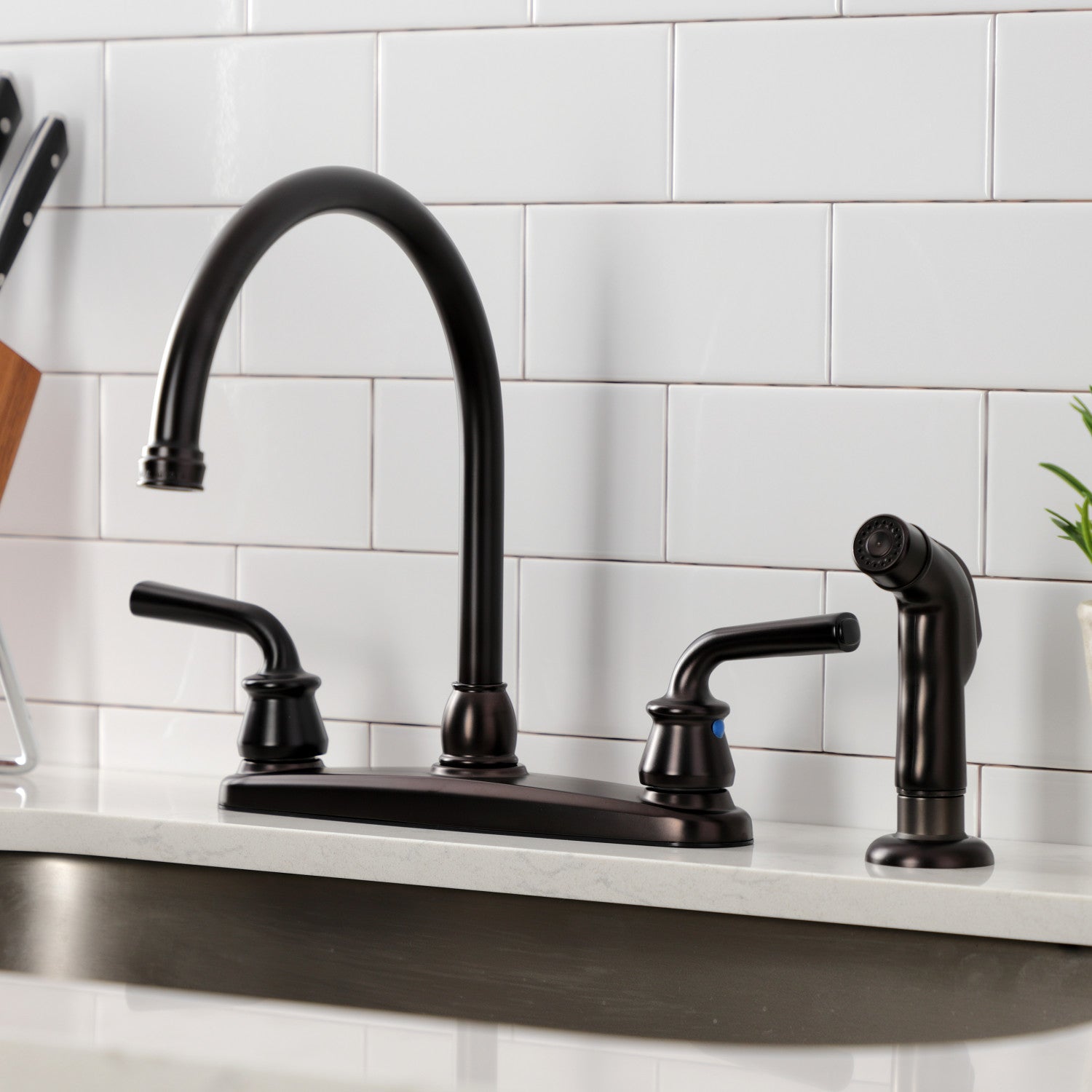 Kingston Tulare KB725RXLSP - Restoration Two-Handle 4-Hole 8" Centerset Kitchen Faucet with Side Sprayer, Oil Rubbed Bronze — thumbnail 3